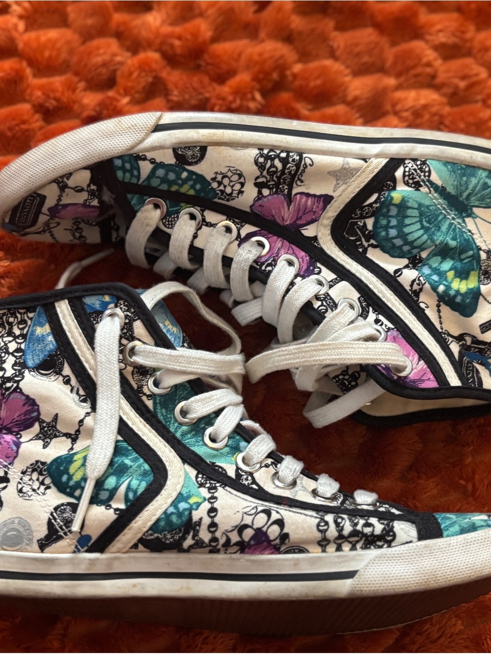 Coach Women’s Butterfly Print Sneakers in White, Teal, Purple, Blue
